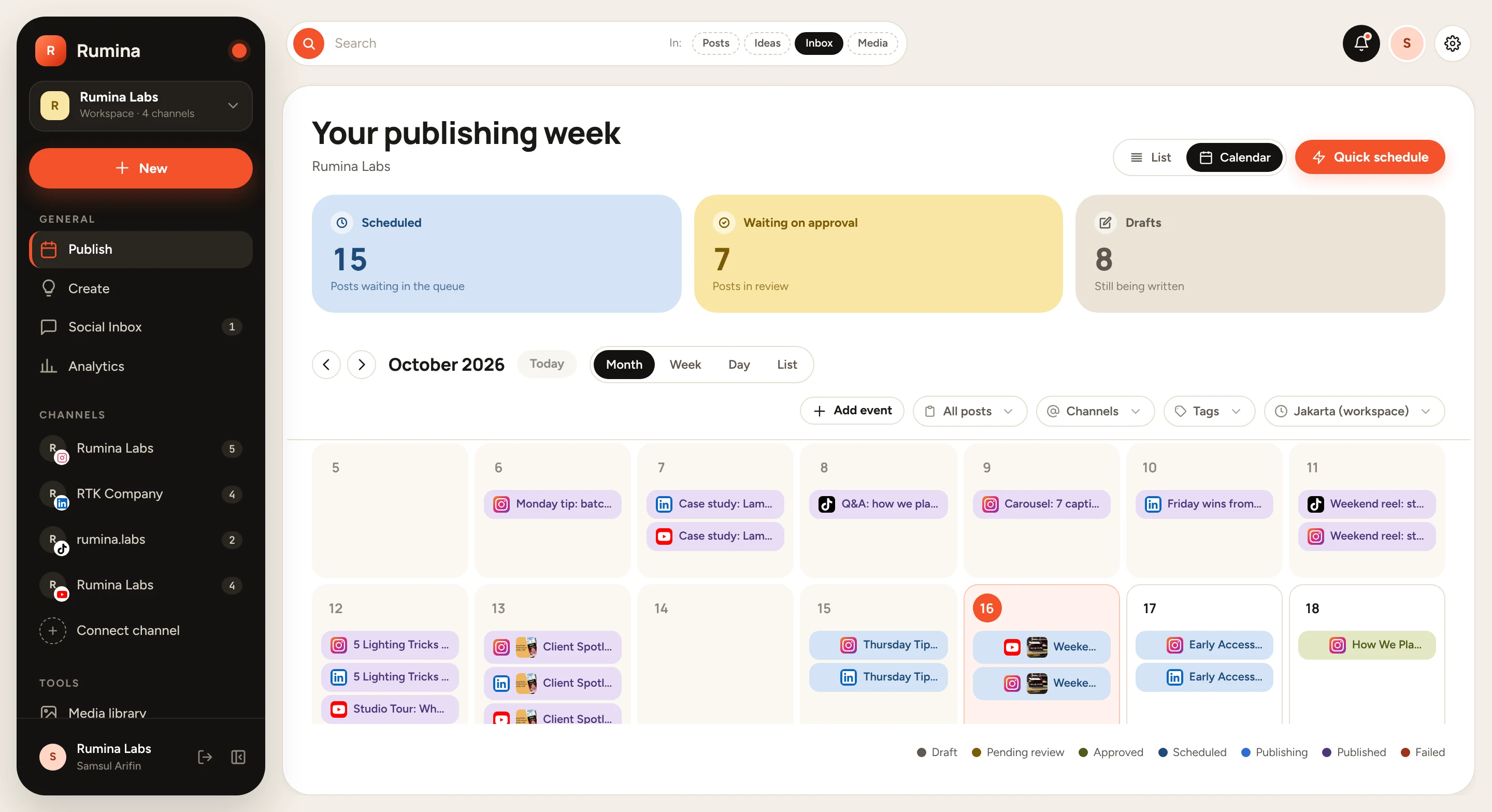 The Rumina publishing calendar with scheduled posts across a month